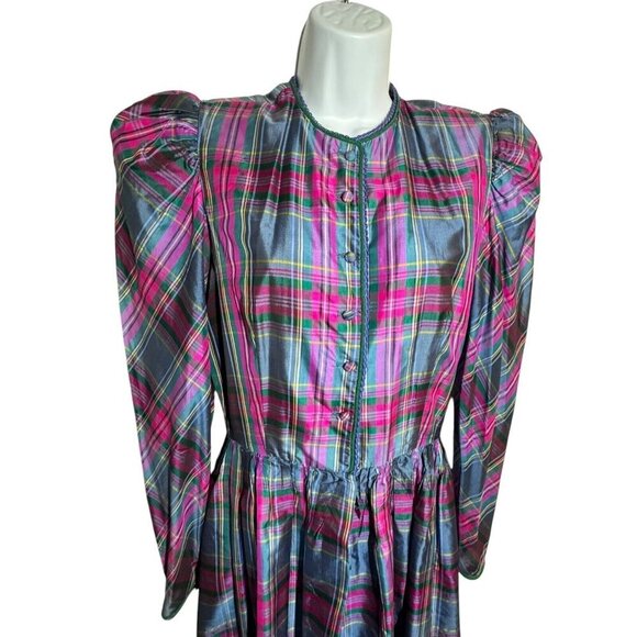 AJ Bari Silk Colorful Retro Plaid loose fit midi dress size 8 Vintage 80's - Picture 4 of 10